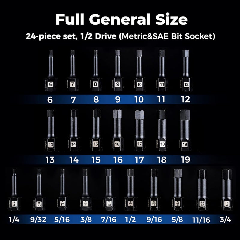 toolant 1/2" drive impact hex bit socket set 24PCS,Hex Drive, SAE/Metric, 1/4"-3/4",6mm-19mm, S2 Steel Air Drive Allen Socket set,Impact Grade，Anti-Roll Design - Image 5
